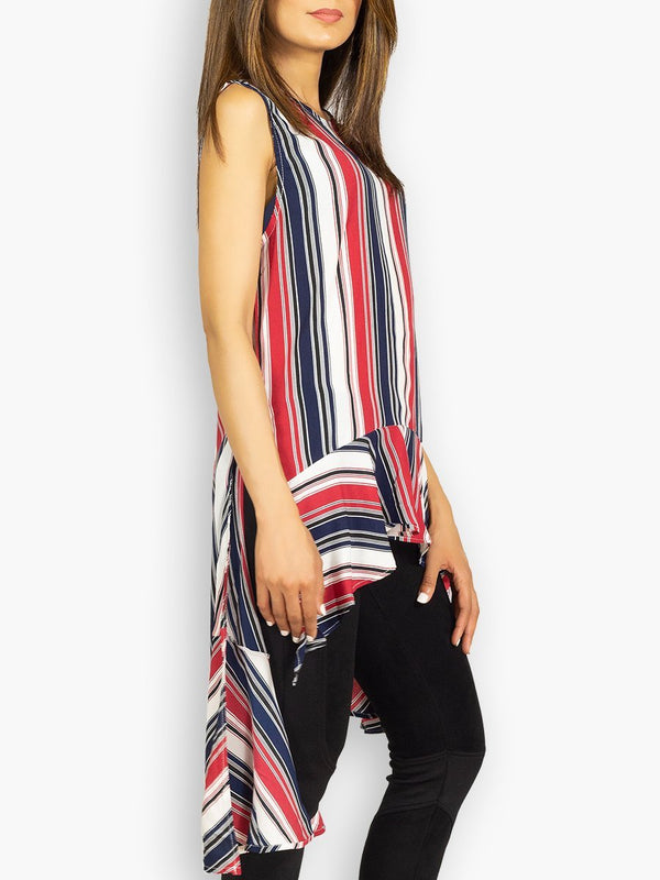 Fash Official Tops Funky Irregular Vertical Red and Blue Stripe Top