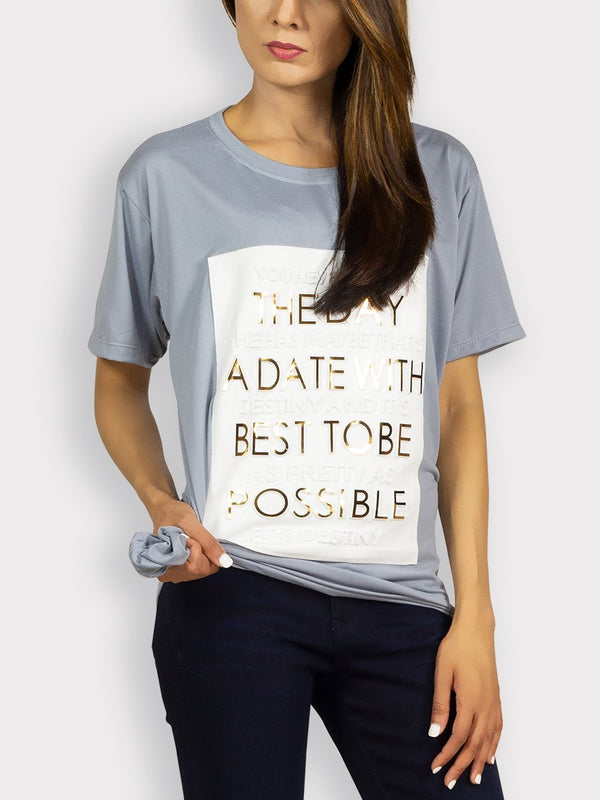 Fash Official Tops Gray, White and Gold Embossed Statement T-Shirt