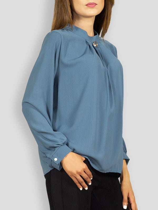 Fash Official Tops Grayish Blue Blouse Top with Brooch