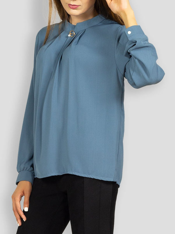 Fash Official Tops Grayish Blue Blouse Top with Brooch