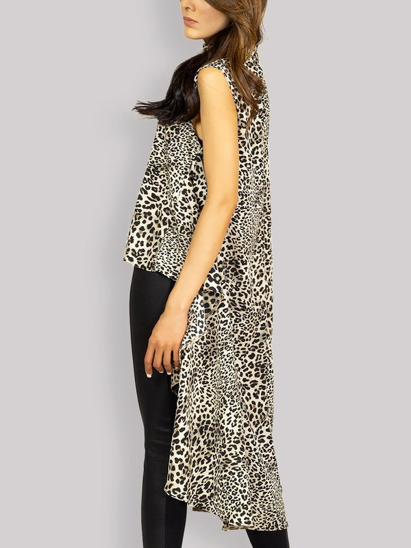 Fash Official Tops Leopard Print Sleeveless Irregular Top with Shades of Gray