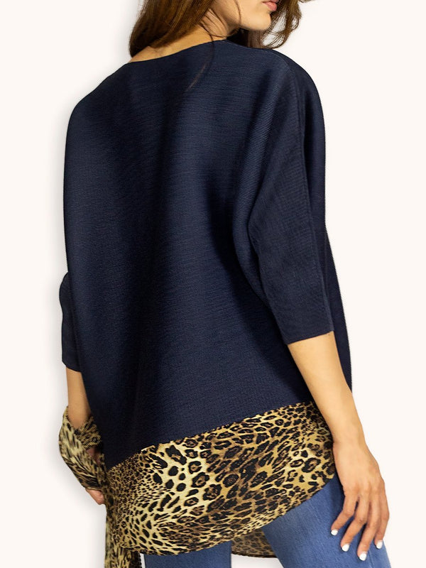 Fash Official Tops Navy Blue Leopard Print Slinky Top with Scarf