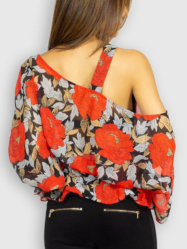 Fash Official Tops Red Floral Printed Drop Shoulder Top