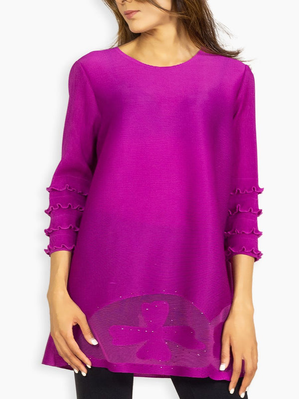 Fash Official Tops Shocking Pink Slinky Top with Frill Sleeves and Sequence Work
