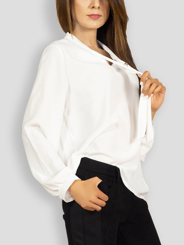 Fash Official Tops White Blouse Top with Long Strap and Brooch
