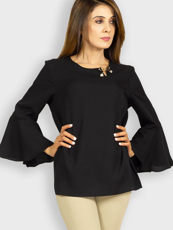 Fash Official Tops XS-M Black Blouse Top with Brooch