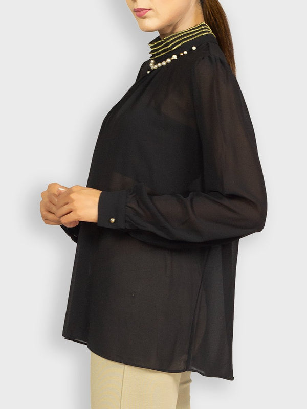 Fash Official Tops XS-M Black Blouse Top with Gold Threaded Frill and Beaded Neckline