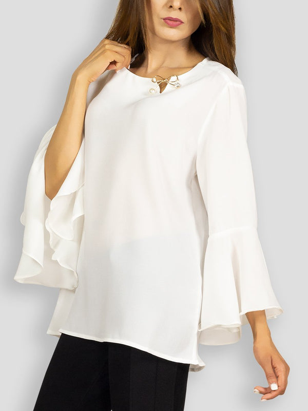 Fash Official Tops XS-M White Blouse Top with Brooch