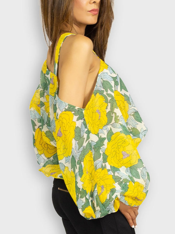Fash Official Tops Yellow Floral Printed Drop Shoulder Top