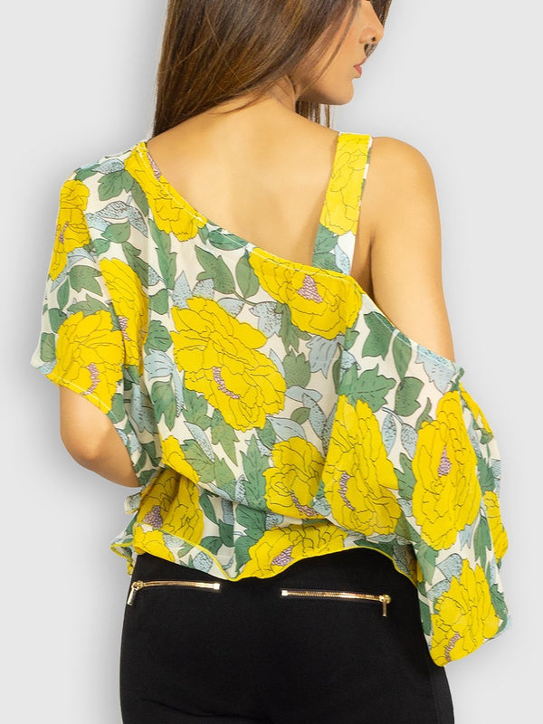 Fash Official Tops Yellow Floral Printed Drop Shoulder Top